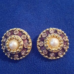 Vintage Goldtone Purple enamel & Crystal clip earr
